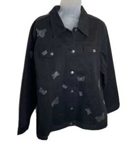 Chaqueta Denim Negra Quacker Factory Estrás Mariposas Talla Grande Western - Imagen 1 de 13