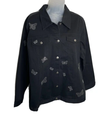 Quacker Factory Black Denim Jacket Rhinestone Butterflies Size Large Western - Image 1 of 4