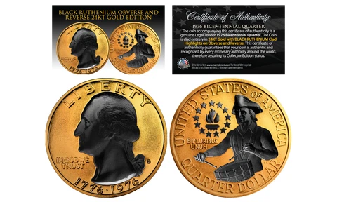 24K GOLD Plated 2-Sided 1976 Bicentennial Quarter w/ Black RUTHENIUM Highlights Cover