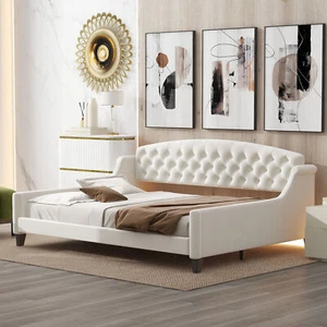 Velvet Upholstered Daybed, Wood Sofa Bed Frame w/Button Tufted Backrest - Picture 1 of 24