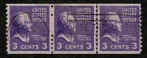 US 1939 #842 - 3c Thomas Jefferson Joint Line Pair Strip of 3 Stamps Used - Picture 1 of 2