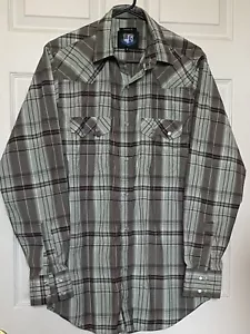 R U UNIVERSITY FIT MENS L/S WESTERN PEARL SNAP SHIRT GREY BROWN PLAID SZ M - Picture 1 of 9