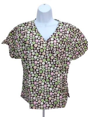 HQ Womans Scrub Top Sz L Black with Circles Multi Color Design - Image 1 of 4