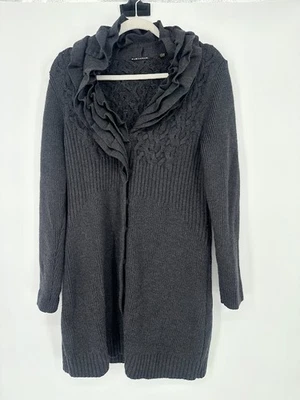 Elie Tahari 毛衣女式 L 灰色长夹克开衫厚褶领羊毛 — 第 1/4 张图片