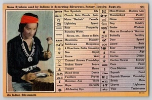 List of Native American Indian Art Symbols Silversmith Linen Postcard 1930s - Picture 1 of 2
