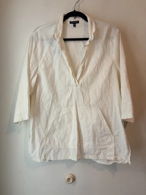 Blusa túnica Eileen Fisher Popover mezcla de lino cuello en V profundo marfil bolsillo medio Foto 1 de 4