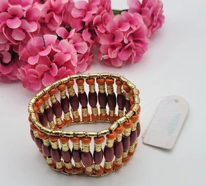 Icon Collection Bohemian Stretch Bracelet Gold Tone Red and Orange 7" Adj. - Picture 1 of 6