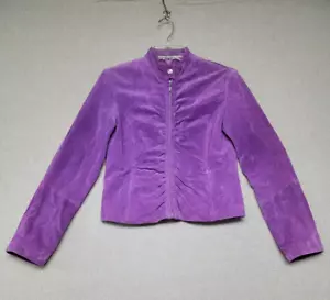 WILSONS LEATHER Woman's SMALL Suede PURPLE Jacket Ruched Front LIME Lining ZIP - Picture 1 of 9