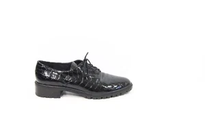 Stuart Weitzman Lug Sole Oxford sz 7 Women Croc Embossed Black Leather Shoes - Picture 1 of 11