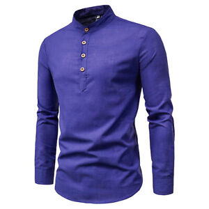 Men Casual Pullover Shirt Long Sleeve Button Stand Collar Slim Fit T Shirts Tops