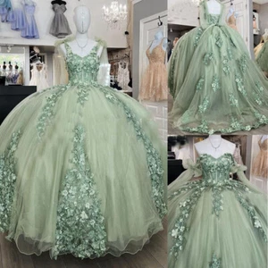 Sage Green Quinceanera Dresses 3D Flowers Ball Gown Pageant Party Sweet 15 Dress - Picture 1 of 12