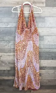Free People Glitter & Gold Midi Dress XL Pink Sequin Halterneck Party Occasion - Picture 1 of 17