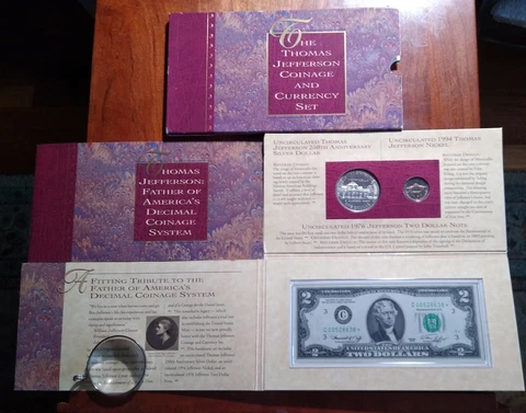 1994 Thomas Jefferson Coin and Currency Set- STAR NOTE $,Matte Proof Nickel &COA Cover