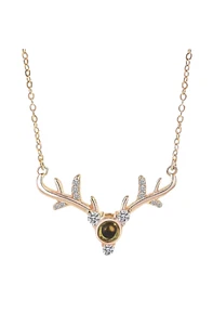 Deer Antler Rhinestone Pendant Amber Stone Gold Plated Necklace Chain w Gift Box - Picture 1 of 8