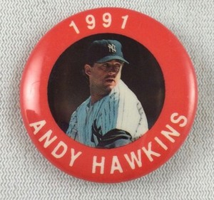 MLB 1991 MLBPA Photo Button Pin - New York Yankees - Andy Hawkins