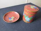 Vintage+Cloisonne+Enamel+and+Brass+Canister+%26+Plate+Brown+With+Flowers