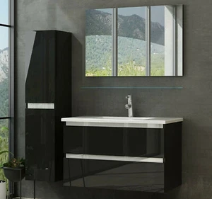 90 Badmöbel Set Komplett Hochglanz Badezimmermöbel 5 Tlg Bad  Schwarz 90 cm bad - Bild 1 von 11