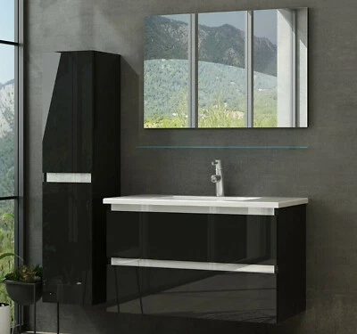 90 Badmöbel Set Komplett Hochglanz Badezimmermöbel 5 Tlg Bad  Schwarz 90 cm bad - Bild 1 von 4