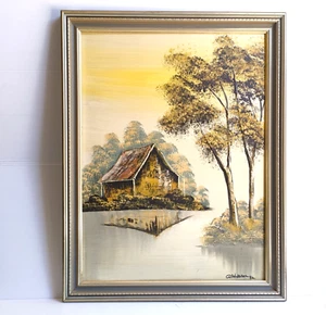 Landscape Oil Painting Vintage Yellow Original Australian Outback Rustic Cabin - Picture 1 of 8