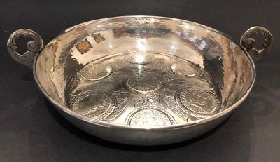 RARE Antique 19C Sterling Silver Spanish Colonial Coin (7) Dish Foto 1 de 4