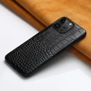 Funda de Cuero Genuino para iPhone 15 16 Pro Max 14 Grano de Cocodrilo Armadura Cubierta Trasera - Imagen 1 de 26