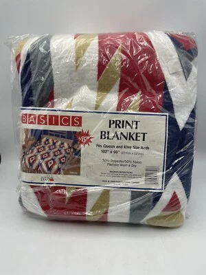 Vtg Pillowtex Blanket Queen/King Southwestern Tribal Polyester Bld Red Blue NOS - Image 1 of 4
