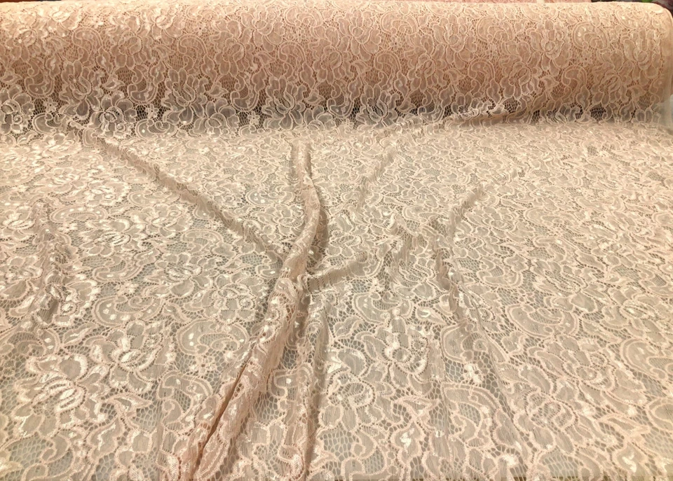 Embroidered Stretch Lace Apparel Fabric Sheer Floral Metallic Nude Pink VV313 - Image 1 of 1
