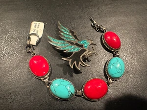VINTAGE TURQUOISE EAGLE BUCKLE AND BRACELET SILVER PLATED - Picture 1 of 3