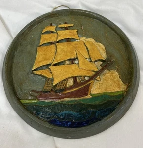 Vintage Chalkware 3D Round Wall Hanging Sailing Ship Plaque 7” Diameter - Picture 1 of 8