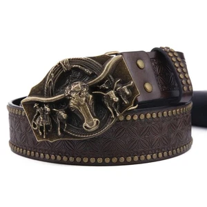 Luxury Design Men's PU Leather Belt Trendy Brand Ox Head Waistband - Picture 1 of 8