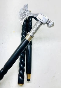 Axe-Head Handle Floral Engraved Wooden Walking Cane Gift for Men & Women - Picture 1 of 9