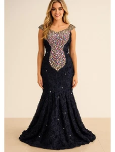 Colada Perlenkleid Ballkleid marineblau 3D Blumen Meerjungfrau passt Large 12 14 16 - Bild 1 von 21