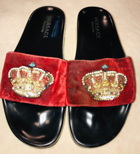VERSACE Men's RED Velvet Crystal CROWN SLIPPERS Slide Sandals size 41