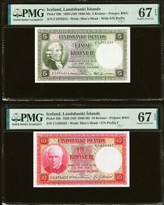 Islanda 5 & 10 corone 1928 (ND 1948-56) Pick-32b & 33b SUPERBA GEMMA UNC PMG 67 EPQ - Foto 1 di 2