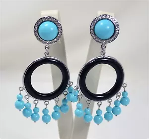 ORECCHINI IN ARGENTO 925 CON PASTA DI TURCHESE ZIRCONI E ONICE AGHT 0394 - Foto 1 di 3