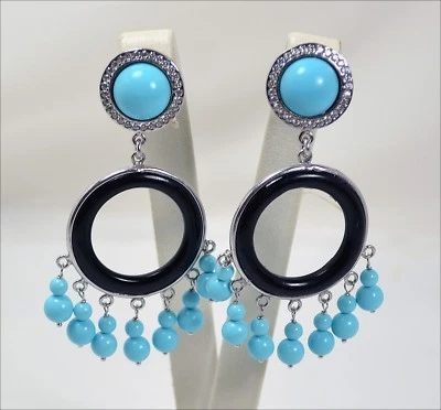 ORECCHINI IN ARGENTO 925 CON PASTA DI TURCHESE ZIRCONI E ONICE  AGHT 0394 - Immagine 1 di 3