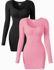 SALE OQQ Damen 2 Teiler Kleider Sexy Gerippt Herz Ausschnitt Tops Bauch Kontrolle - Bild 1 von 12