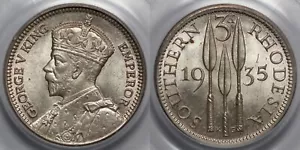 PCGS MS65 Southern Rhodesia 1935 Threepence Uncirculated Silver Coin 2nd Finest - Picture 1 of 4