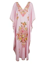 Women's Pink Kaftan Floral Embroidered Abaya Dress Kimono Sleeves Maxi Caftan 3X