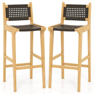 2PCS 30" Teak Wood Bar Chair w/ Backrest & Footrest Bar Height Chair for Deck - Picture 1 of 7
