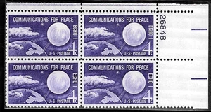 US SATELITE IN ORBIT OVER EARTH #1173 COMM'S FOR PEACE MVF 4c STAMP PLATE BLOCK - Picture 1 of 2