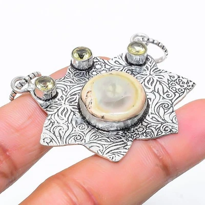 Pendente In Argento Sterling 925 Con Gemma Imperiale Di Giada E Citrino 1.77" - Immagine 1 di 4