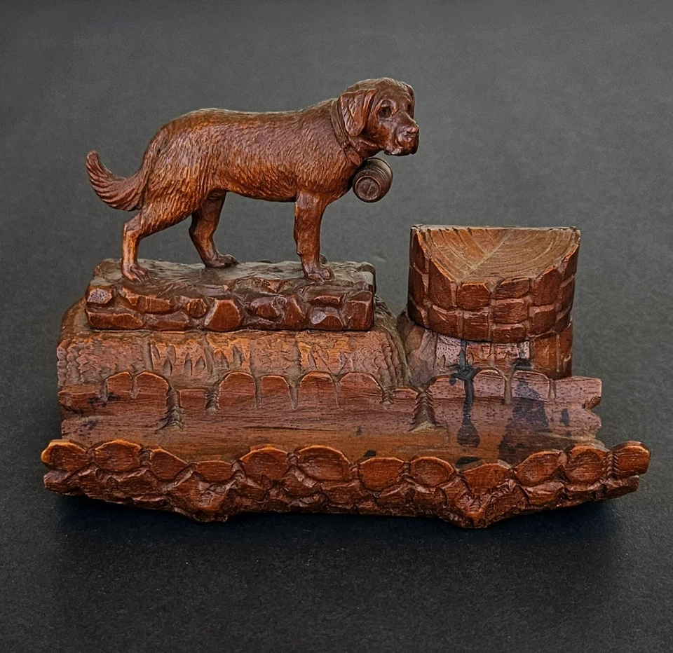 Tintero antiguo para perro San Bernardo tallado a mano de la Selva Negra del siglo XIX Foto 1 de 4