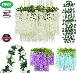 12PCS Fake Green Leaf Vines & Wisteria Vines Wedding Arch Garland Hanging Plants - Picture 1 of 59