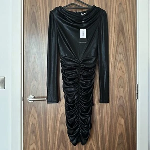 4th & Reckless Tall Long Sleeve Black Cowl Neck Texture Ruched Mini Dress 8 NEW - Picture 1 of 10