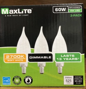 MaxLite 5w LED (60W Replacement) E12 Base Candelabra 3 Pack Dimmable NIB - Picture 1 of 5
