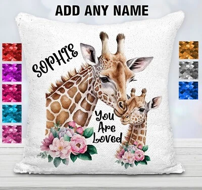 Giraffes Cushion Cover Throw Pillow Reversible Sequins Personalised Mum & Baby - image 1 of 4
