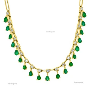 Pear Natural Emerald & Natural Diamond Drop Shake Choker Necklace Solid 14k Gold - Picture 1 of 3