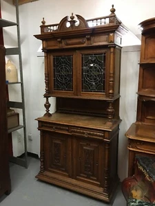 Beautiful Large Oak European Hutch Stained Glass Doors Carved Cupboard Antique - Picture 1 of 13