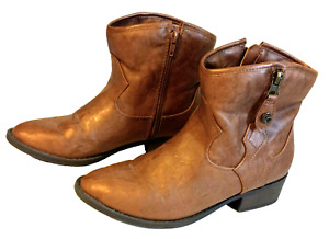 Guess Western Ankle Boots Brown Size 7M Side Zip Faux Leather Heel Booties